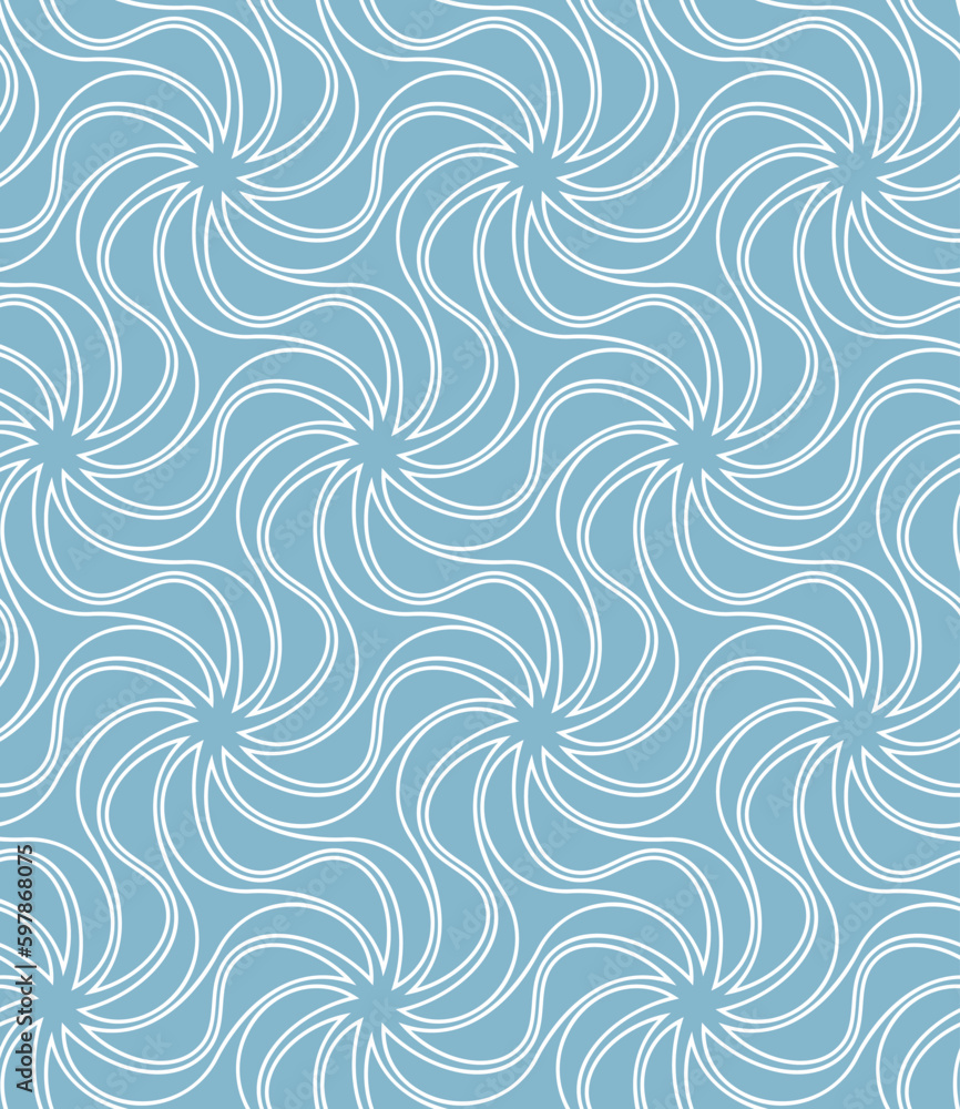 Wavy white lines on a light blue background. Stylish abstract geometric composition. Seamless repeating pattern. Ornamental graphic texture for textile, wrapping, print, web, and decorative projects.