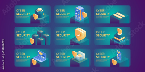 Cyber security concept. Antivirus, encryption, cloud data protection. Software development. Safety internet. Online information protect. Digital technology isometric vector background.