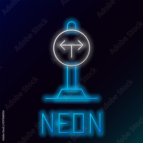 Glowing neon line Fork in the road icon isolated on black background. Colorful outline concept. Vector