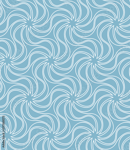 Wavy white lines on a light blue background. Stylish abstract geometric composition. Seamless repeating pattern. Ornamental graphic texture for textile, wrapping, print, web, and decorative projects.