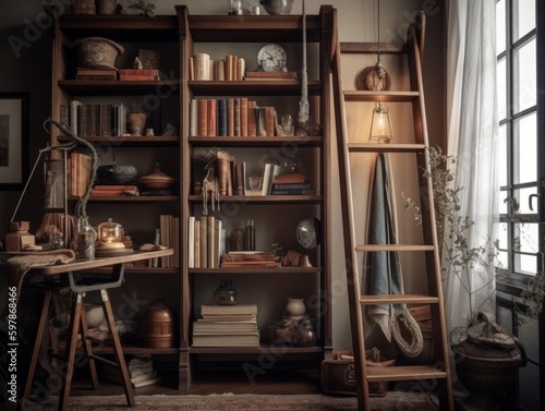 A wooden bookshelf with a ladder, showcasing a collection of books and decorative objects