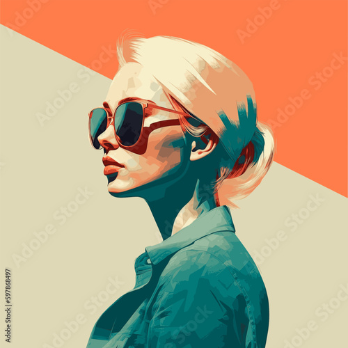Fashion portrait of a model girl in sunglasses. Poster or flyer in trendy retro colors. Vector illustration