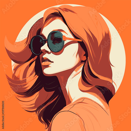 Fashion portrait of a model girl in sunglasses. Poster or flyer in trendy retro colors. Vector illustration