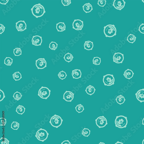 Green Headshot icon isolated seamless pattern on green background. Sniper and marksman is shooting on the head of man, lethal attack, assault and assassination. Vector
