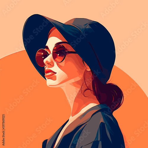 Fashion portrait of a model girl in sunglasses. Poster or flyer in trendy retro colors. Vector illustration