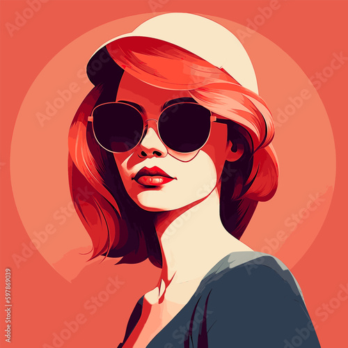 Fashion portrait of a model girl in sunglasses. Poster or flyer in trendy retro colors. Vector illustration