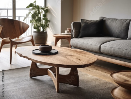 A wooden coffee table with a unique and abstract shape  surrounded by a modern sofa and chairs