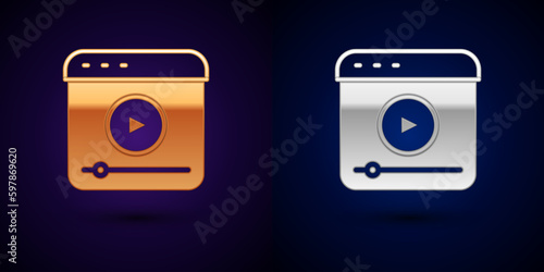 Gold and silver Live streaming online videogame play icon isolated on black background. Vector