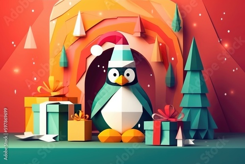 Festive penguin wearing a Santa hat and sitting on a gift-wrapped present in front of a cozy fireplace, colorful paper art. Generative AI