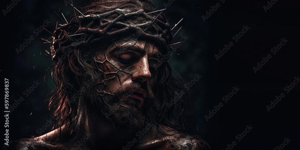 Jesus Christ wearing crown of thorns Passion and Resurection. jesus day holy,Easter card, Good Friday. Generative AI Jesus Christ wearing crown of thorns Passion and Resurection. jesus day holy,Easter card, Good Friday. Generative AI
