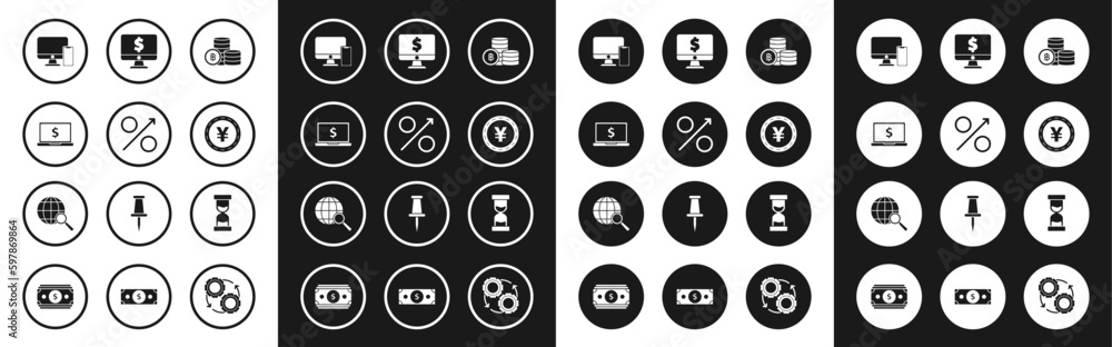 Set Cryptocurrency coin Bitcoin, Percent up arrow, Laptop with dollar symbol, Computer monitor and mobile phone, Coin money Yen, Old hourglass flowing sand and Magnifying globe icon. Vector Set Cryptocurrency coin Bitcoin, Percent up arrow, Laptop with dollar symbol, Computer monitor and mobile phone, Coin money Yen, Old hourglass flowing sand and Magnifying globe icon. Vector