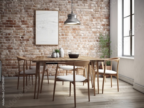 A sleek and minimalistic wooden dining table with matching chairs, set against a white brick wall