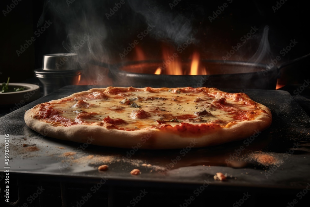Freshly baked pizza steaming on a stone countertop. Generative AI