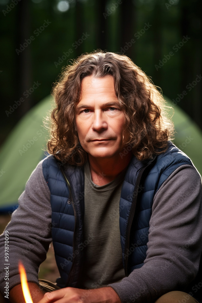 A 45-year-old man with curly hair revels in his camping adventure, as he sits by a roaring fire, his tent nearby, fully immersed in the peaceful wilderness. Generative AI