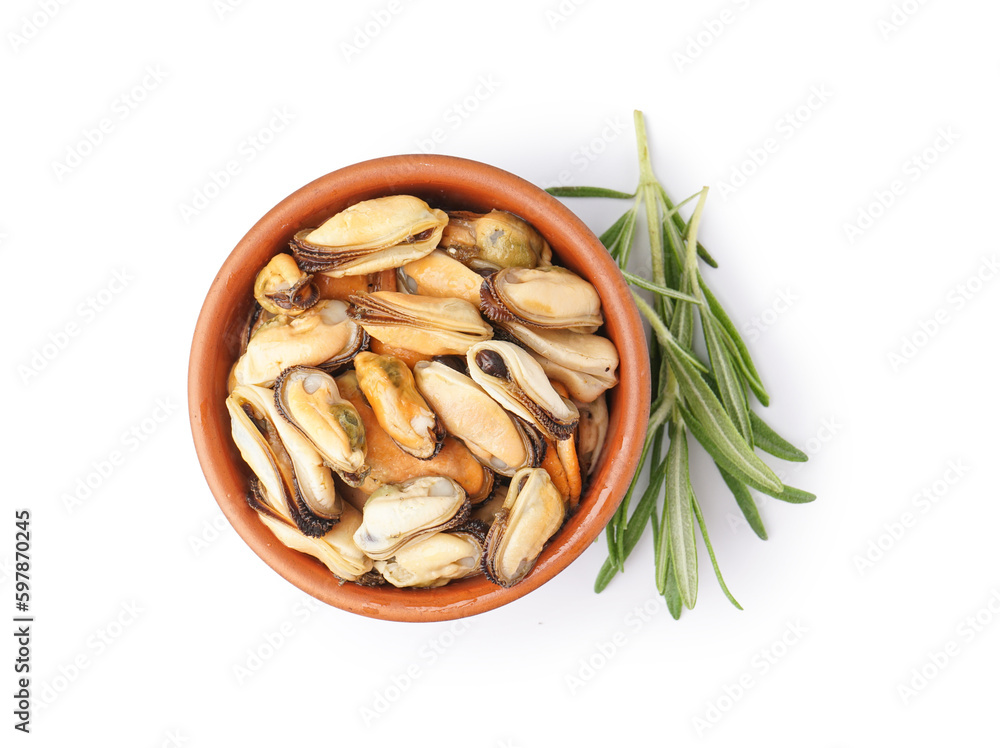 Marinated mussels in clay bowl with rosemary on white background