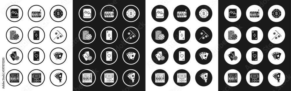 Set Casino chip with dollar symbol, Playing card diamonds, chips, Glass of whiskey and ice cubes, Stick for, Slot machine, cards and playing icon. Vector Set Casino chip with dollar symbol, Playing card diamonds, chips, Glass of whiskey and ice cubes, Stick for, Slot machine, cards and playing icon. Vector