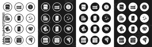 Set Casino chip with dollar symbol, Playing card diamonds, chips, Glass of whiskey and ice cubes, Stick for, Slot machine, cards and playing icon. Vector