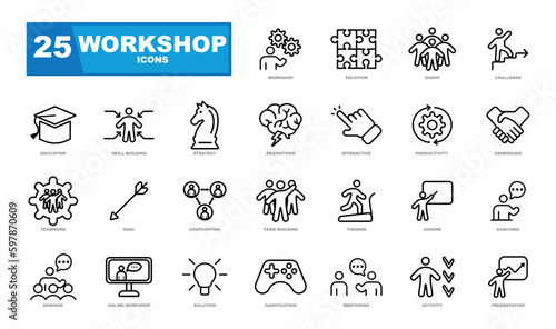 Workshop icon set. Contains such icons as motivation, knowledge, intelligence, practice and more, can be used for web, logo