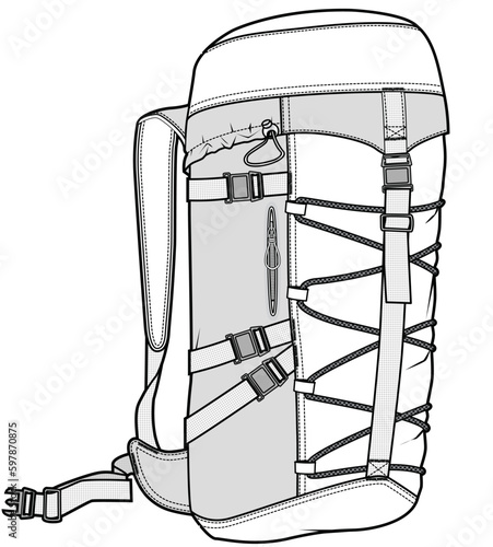 hiking backpack flat sketch vector illustration technical cad drawing template