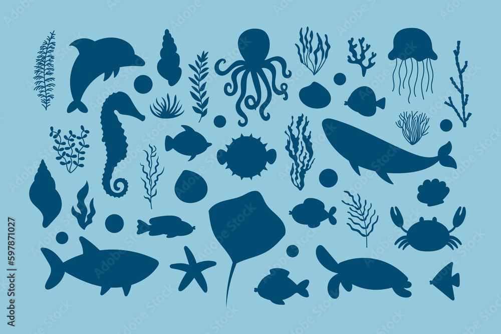 Cute sea life elements silhouette set. Cartoon vector illustration. - obrazy, fototapety, plakaty 