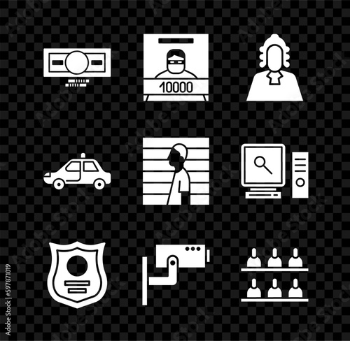 Set Stacks paper money cash, Wanted poster, Judge, Police badge, Security camera, Jurors, car and flasher and Suspect criminal icon. Vector