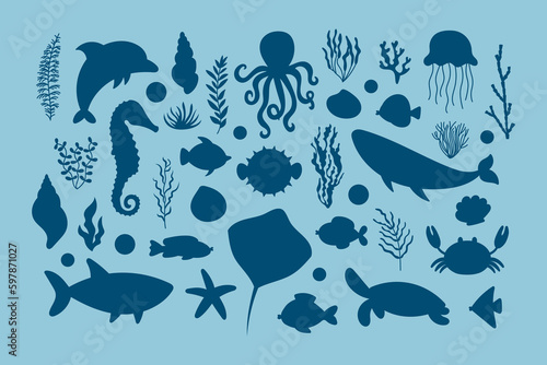 Obraz na plátně Cute sea life elements silhouette set