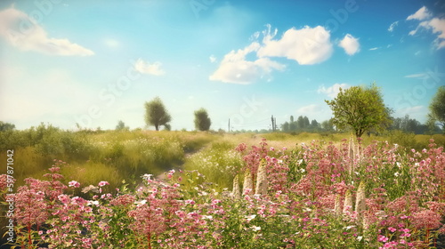    wild flowers on field on horizon Mountains and trees   blue sky with white clouds floral nature landscape generated ai
