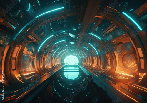 Futuristic city train station tunnel with lights, in the style of captivating skylines. Generative AI