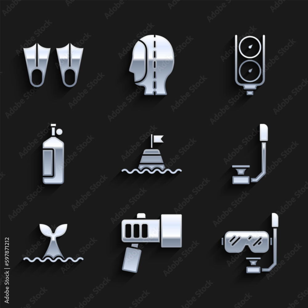 Set Floating buoy on the sea, Flashlight, Diving mask and snorkel, Snorkel, Whale tail ocean wave, Aqualung, Gauge scale and Rubber flippers icon. Vector Set Floating buoy on the sea, Flashlight, Diving mask and snorkel, Snorkel, Whale tail ocean wave, Aqualung, Gauge scale and Rubber flippers icon. Vector