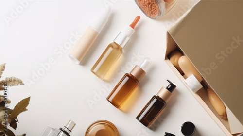 Cosmetics box with set of bottles. Illustration AI Generative.