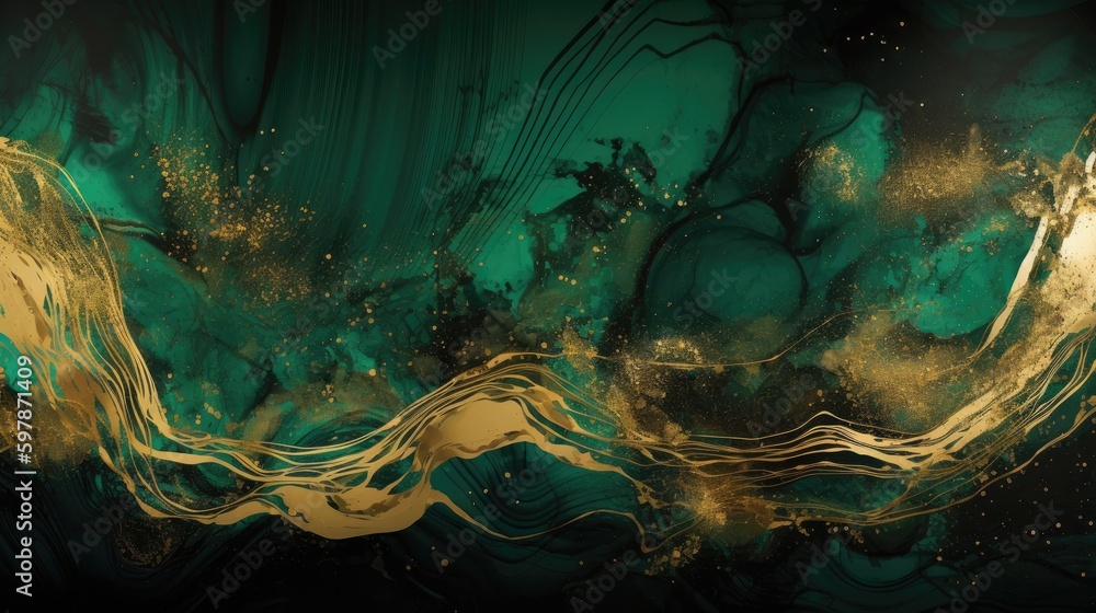 Exquisite and sophisticated abstract background with striking golden and green liquid texture. Generative AI. 