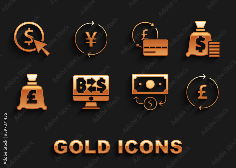 Set Cryptocurrency exchange, Money bag, Coin money with pound, Stacks paper cash, Credit card, dollar and Yen icon. Vector Set Cryptocurrency exchange, Money bag, Coin money with pound, Stacks paper cash, Credit card, dollar and Yen icon. Vector