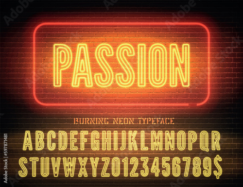 Vector passion night light sign and narrow bold yellow neon font with numbers on dark brick wall background