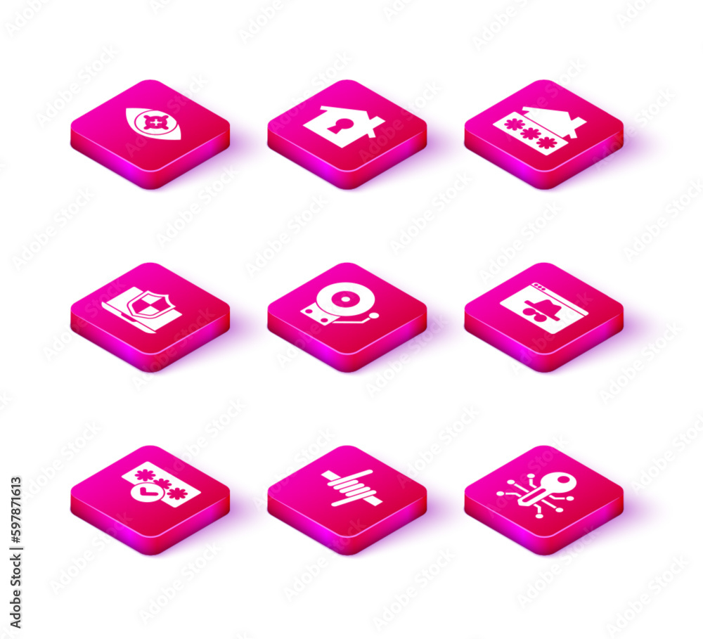 Set Password protection, Barbed wire, Laptop protected with shield, Ringing alarm bell, Smart key, Browser incognito window, House password and under icon. Vector Set Password protection, Barbed wire, Laptop protected with shield, Ringing alarm bell, Smart key, Browser incognito window, House password and under icon. Vector