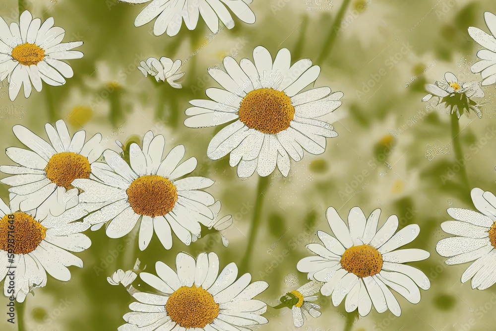 Fototapeta premium Seamless pattern, cute funny daisies, white daisies, camomile, chamomile herb. Generative AI