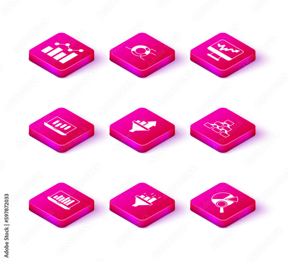 Set Laptop with graph chart, Sales funnel, Stocks market growth graphs, Search data analysis, Hierarchy organogram, Monitor and Pie infographic icon. Vector Set Laptop with graph chart, Sales funnel, Stocks market growth graphs, Search data analysis, Hierarchy organogram, Monitor and Pie infographic icon. Vector