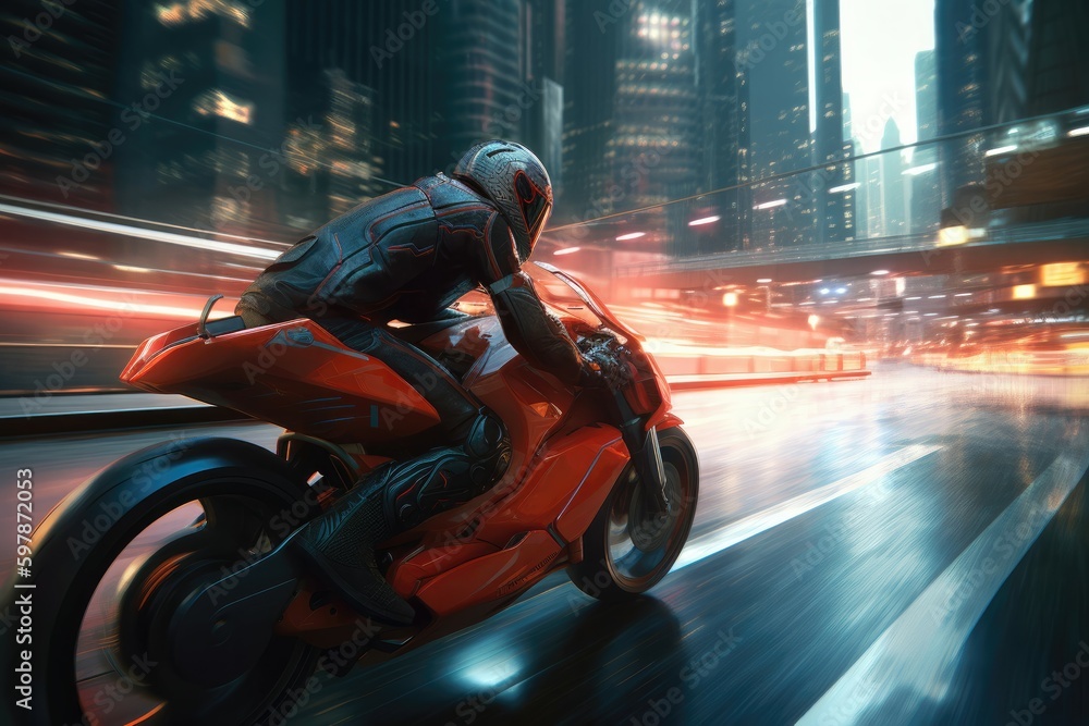 Obraz premium High-speed chase through a futuristic city, with a red and black color scheme and a person wearing a motorcycle helmet. Generative AI