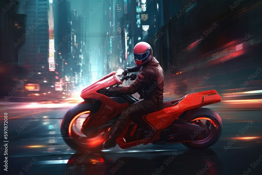 High-speed chase through a futuristic city, with a red and black color scheme and a person wearing a motorcycle helmet. Generative AI