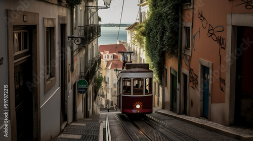 Lisbon's Gloria funicular connects downtown with Bairro Alto, Generative Ai