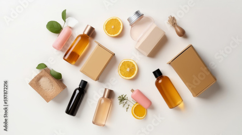 Cosmetics box with set of bottles. Illustration AI Generative.