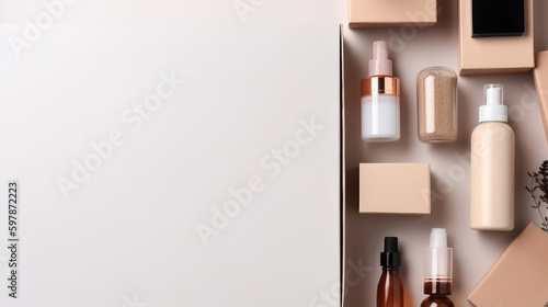 Cosmetics box with set of bottles. Illustration AI Generative.