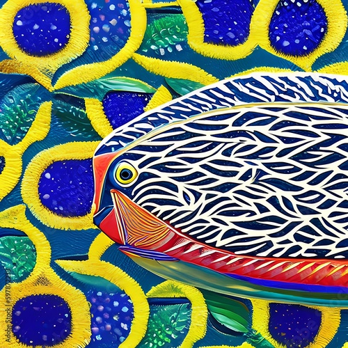 An interpretation of a rainbow trout, with textured and patterned shapes resembling the unique and vibrant colors of a trout4, Generative AI