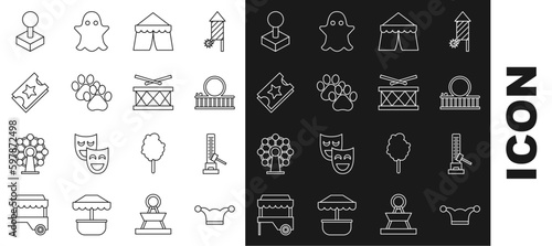 Set line Jester hat with bells, High striker attraction big hammer, Roller coaster, Circus tent, Paw print, Ticket, Joystick for arcade machine and Drum drum sticks icon. Vector