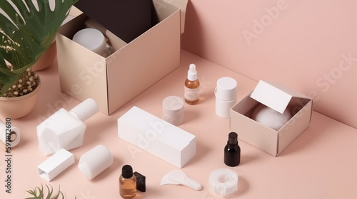 Cosmetics box with set of bottles. Illustration AI Generative.