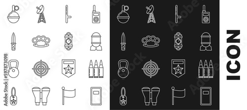Set line Police assault shield, Bullet, Aviation bomb, rubber baton, Brass knuckles, Military knife, Hand grenade and Detonate dynamite stick timer clock icon. Vector