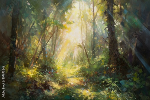 Impressionist painting of a fairy tale forest, with dappled sunlight streaming through the trees and a feeling of magic in the air. Generative AI