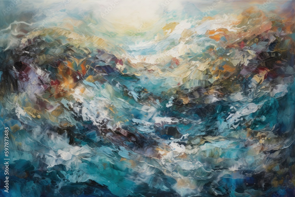Impressionist painting of the ocean, with a riot of colors and textures that capture the abstract concept of movement and fluidity. Generative AI