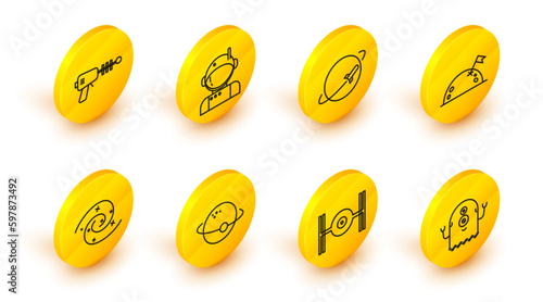 Set line Alien, Cosmic ship, Planet, Black hole, with flag, Astronaut and Ray gun icon. Vector