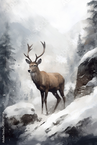 A beautiful, majestic, brown deer with large antlers, watching over in a snowy mountain overpass © Samir