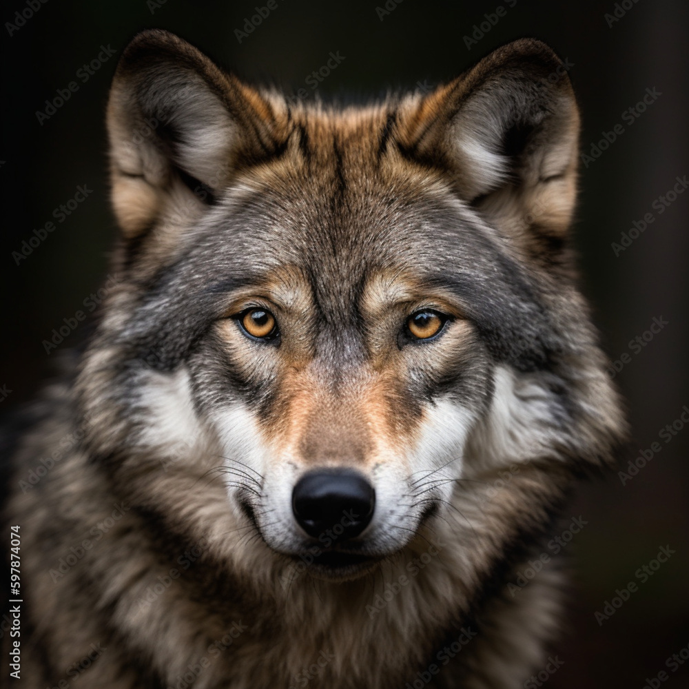 A close up, beautiful frontal portrait of  fluffy wild wolf, starting straight at the camera